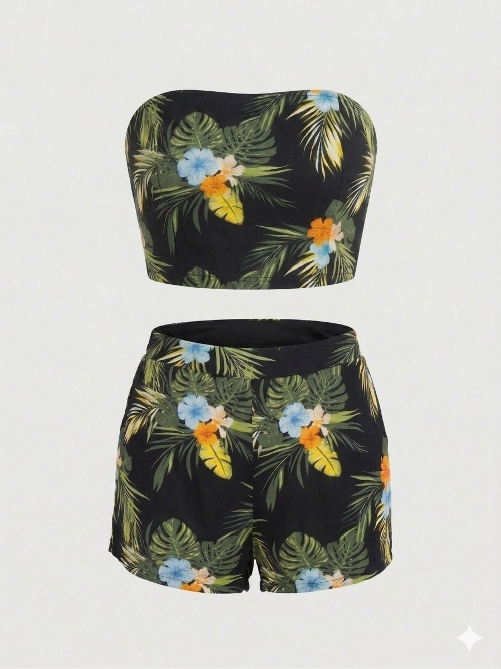 Tropical Print Strapless Crop Top & Shorts Set - Black
